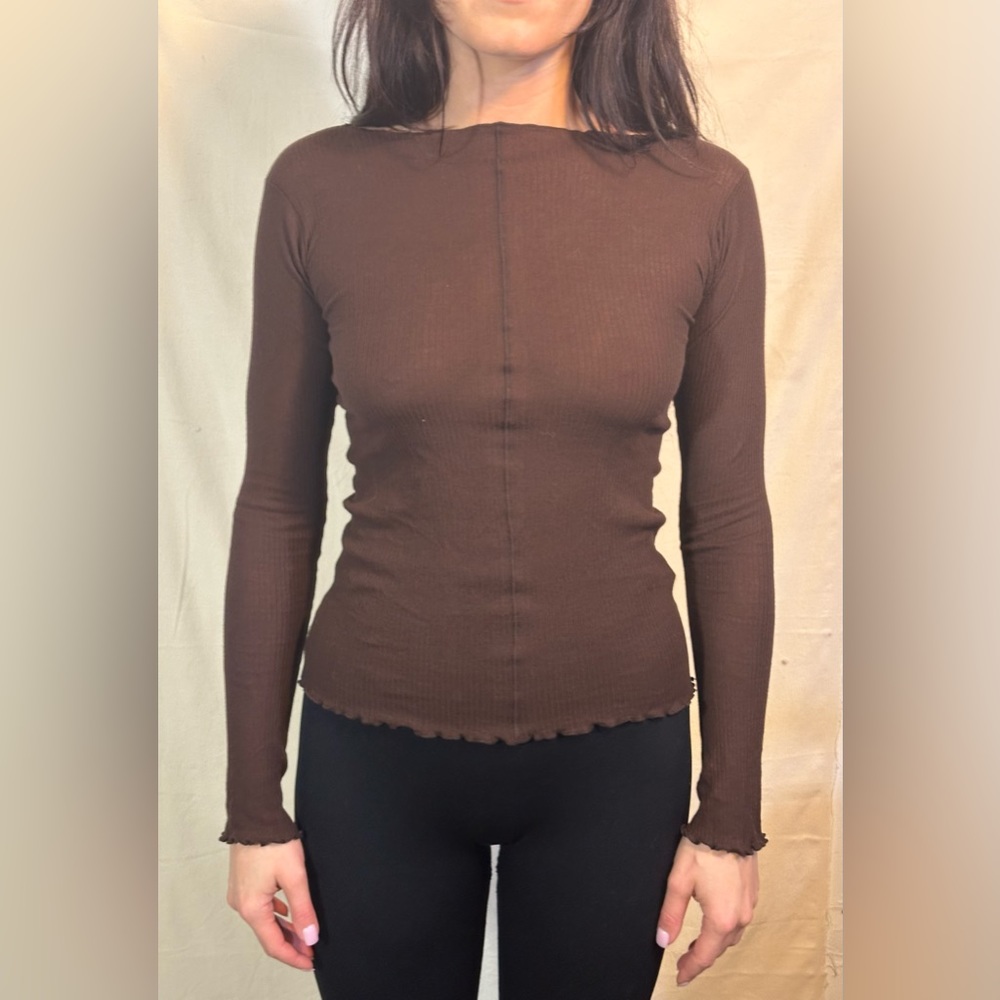 *SOLD* BASERANGE brown sheer 100% organic cotton long sleeve shirt size M